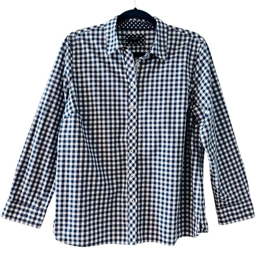 Talbots LP navy gingham check 100% cotton contrast trim shirt Large Petite